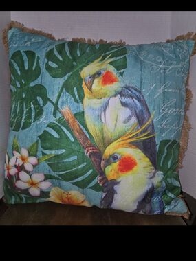 Decorative Pillow Tropical Birds Monstera Leaves Flowers